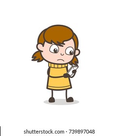 Worried Face After Reading Message - Cute Cartoon Girl Illustration