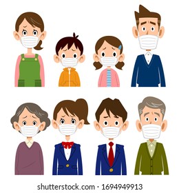 Worried face of family with mask on upper body