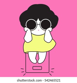 Worried Fat Girl On Scale Icon Character illustration