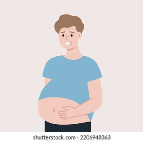 Worried Fat Man suffering obesity problem. Loss Weight, Health, diet, unhealthy eating, harmful habits, negative lifestyle concept. Flat cartoon vector illustration Isolated on background.