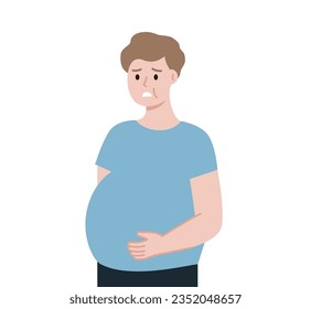 Worried fat man suffering obesity problem. Loss weight, health, diet, unhealthy eating, harmful habits, negative lifestyle concept. Flat cartoon character vector illustration isolated on background.