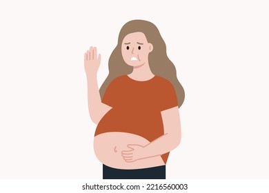 Worried fat woman raising hand gesture showing sign of rejection. Obesity, health problem, loss weight, diet, habits, negative lifestyle concept. Flat character vector isolated design illustration.