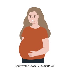 Worried fat woman suffering obesity problem. Loss weight, health, diet, unhealthy eating, harmful habits, negative lifestyle concept. Flat cartoon character vector illustration isolated on background.