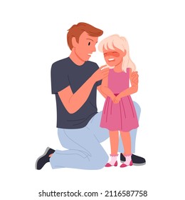 Padre preocupado calmando a su triste y sollozante hija. Ayuda de consuelo de padres llorando niño disgustado, papá apoyando y reconfortando, problema de la paternidad caricatura ilustración vectorial