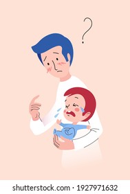 Worried Father Holding his Newborn Boy Crying. Vector Illustration