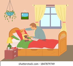 Worried father touches his son's forehead, fever, flu, coronavirus. Boy lies in bed with bear, book with fairy tales. Stay home if sick. Self-isolation for period of quarantine. Cozy sleeping interior