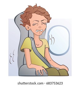 Worried frightened man in the airplane seat at the window. Fear of flying, aerophobia. Vector illustration, isolated on white background.