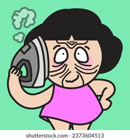 Worried Girl Concerned About Her Skin Trying To Get Wrinkles Out Of Her Face Using Electronic Steamed Iron. Anti Aging Concept Card Character illustration