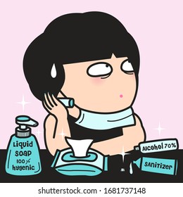 Worried Girl Getting Bored With Hand Sanitizer, Alcohol, Liquid Soap And Wet Wipes. Tips To Prevent And Control The Spread Of Virus Concept Card Character illustration
