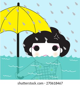 Worried Girl in Heavy Rainy Day illustration