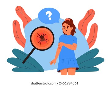 Chica preocupada mirando su brazo con una mordedura de araña magnificada, contra un fondo abstracto, concepto de preocupación de salud. Ilustración vectorial plana de dibujos animados