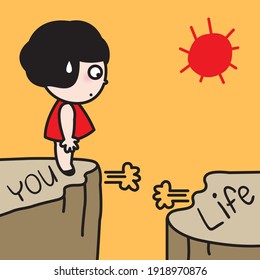 Worried Girl Making A Decision To Get Across The Cliff Of Life Concept Card Character illustration