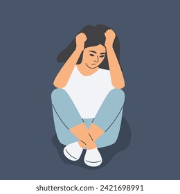 worried girl sitting cross-legged with her head down;
depression, sadness, worry, personal problems - vector illustration