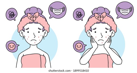 Worried Girl Woman Female With Acne Pimples Bad Skin Maskne, Minimal Flat Color Skincare Care Vector Illustration Graphic , Korean Style K-beauty Beauty Shop Product, Coronavirus Face Mask Lifestyle