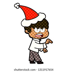 worried hand drawn comic book style illustration of a boy wearing santa hat