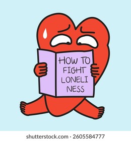 A Worried Heart Reading How To Fight Loneliness Book Concept Cartoon Character illustration