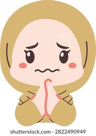 Worried hijab teacher pleading apologetically with clasped hands and an anxious expression.