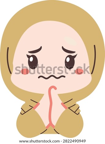 Worried hijab teacher pleading apologetically with clasped hands and an anxious expression.