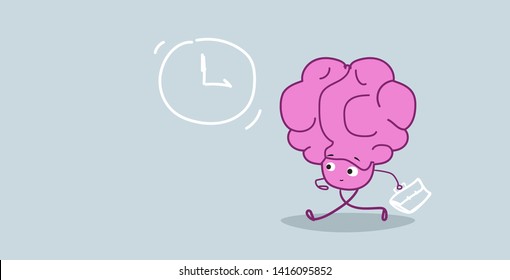 worried human brain with briefcase running to business meeting deadline concept pink cartoon character kawaii style horizontal