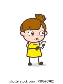 Worried Kid Chatting on Mobile - Cute Cartoon Girl Vector

