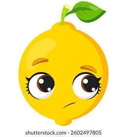 Worried lemon with big expressive eyes and a thoughtful look. A fresh citrus illustration ideal for organic product packaging, healthy lifestyle branding, sour fruit promotions