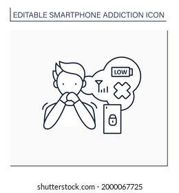 Worried line icon. Anxiety through cellular service absence.Low energy level. Stress. Smartphone addiction concept. Isolated vector illustration. Editable stroke