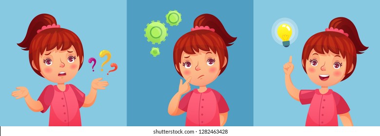 Worried little girl. Child ask question, confused and found questions answers. Thoughtful little girl portrait, anxious child experiment and find answer cartoon vector illustration