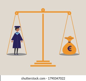 A worried looking student in a graduation gown stands on one side of a weighing scale with a money bag on the other side.