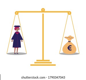 A worried looking student in a graduation gown stands on one side of a weighing scale with a money bag on the other side.