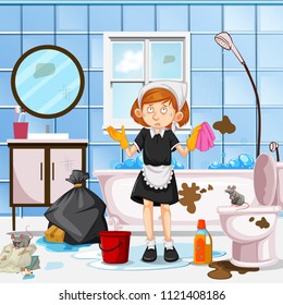 A Worried Maid Cleaning Toilet illustration