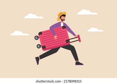 Worried Male tourist with luggage running in hurry for plane in airport. World tourism day concept. Colored flat cartoon vector illustration.