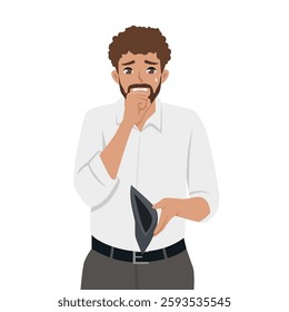 Worried man anxiously looks at his empty wallet, expressing concern and financial struggle. Flat Vector character illustration