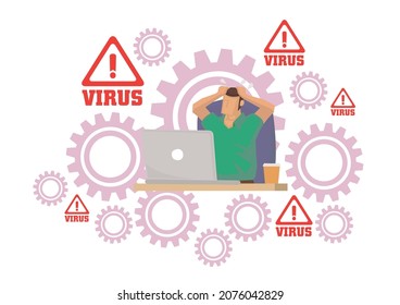 Worried man worried with computer virus. Concept of computer problem. Vector illustration.