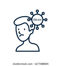 worried man and covid 19 virus symbol icon over white background, line style, vector illustration