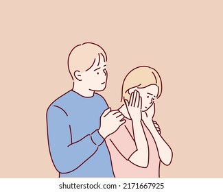 Worried Man Embracing Comforting Grown Up Woman With Broken Heart. Hand Drawn Style Vector Design Illustrations.