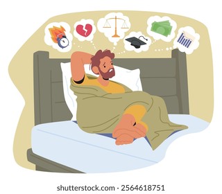 Worried man feeling stress due life problems and difficulties suffering from insomnia sleeping disorder lying in bed vector illustration. Fatigue male character struggling negative mental thoughts