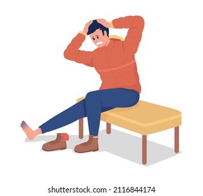 Worried man with frostbite semi flat color vector character. Sitting figure. Full body person on white. Injury isolated modern cartoon style illustration for graphic design and animation