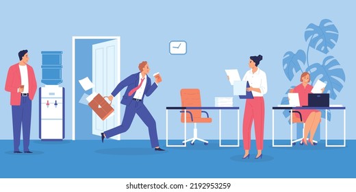 Worried man late for work running into office with cup of coffee and angry boss looking at him flat vector illustration