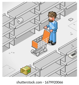 Hombre preocupado mirando los estantes vacíos en el supermercado, empujando un carro de la compra (ilustración isométrica)
