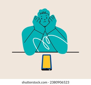 Hombre preocupado mirando el smartphone a la espera de un mensaje o una llamada telefónica. Ilustración vectorial colorida
