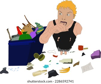 Worried man in the middle of a pile of rubbish and a big blue bin