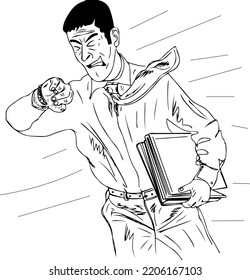 Worried Man Office Worker Character In Hurry Vector Image, Hurry Anxiety Stressed Office Worker Sketch Drawing, Businessman Running And Looking At Watch To Check Time Outline Illustration