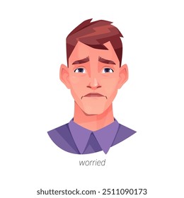 Personaje de hombre preocupado con cara triste. Vector aislado personaje de dibujos animados planos, depresión y tristeza, dolor y tristeza. Inestabilidad emocional y tristeza a los ojos de la persona, problemas personales