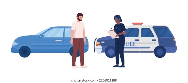 Worried man pulled over by female police officer semi flat color vector characters. Editable figures. Full body people on white. Simple cartoon style illustration for web graphic design and animation