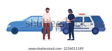 Worried man pulled over by female police officer semi flat color vector characters. Editable figures. Full body people on white. Simple cartoon style illustration for web graphic design and animation