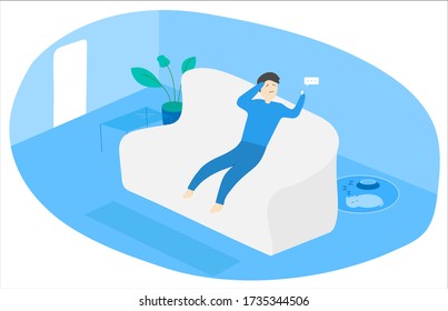 Worried man reading news on a phone and sitting on a sofa, flat vector illustrations.