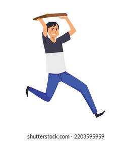Worried man running away covering his head with a folder, flat cartoon vector illustration isolated on white background. Man fleeing from rain and sudden bad weather.