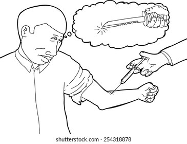 Worried man seeing dagger in mind during blood test