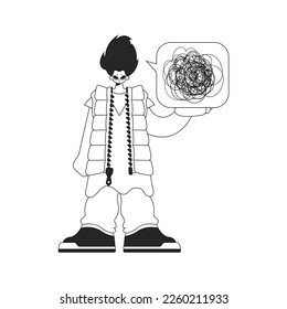 Worried man shows confused thoughts. Theme of psychology. Newspaper black and white style.