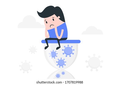 Worried man sitting on hourglass filled with virus. Corona virus related illustration. Quarantine concept illustration.